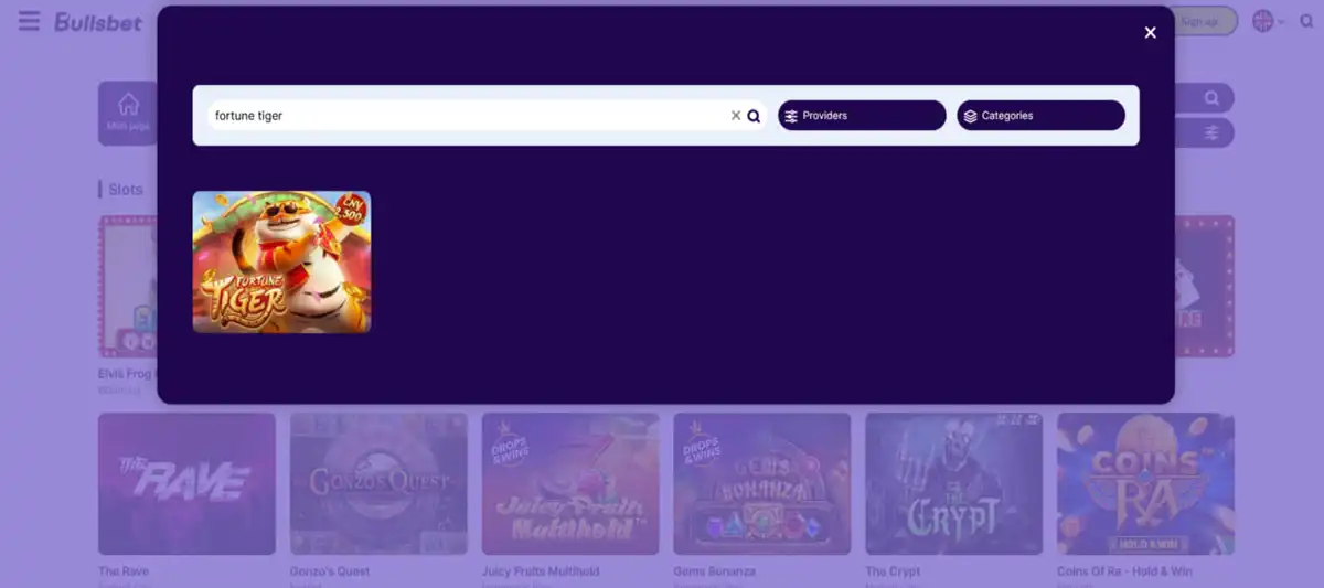 Search result showing how to find Fortune Tiger on the BullsBet site Search result showing how to find Fortune Tiger on the BullsBet site