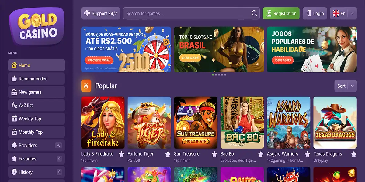 Homepage of Gold Casino with Fortune Tiger slot highlighted among popular games
