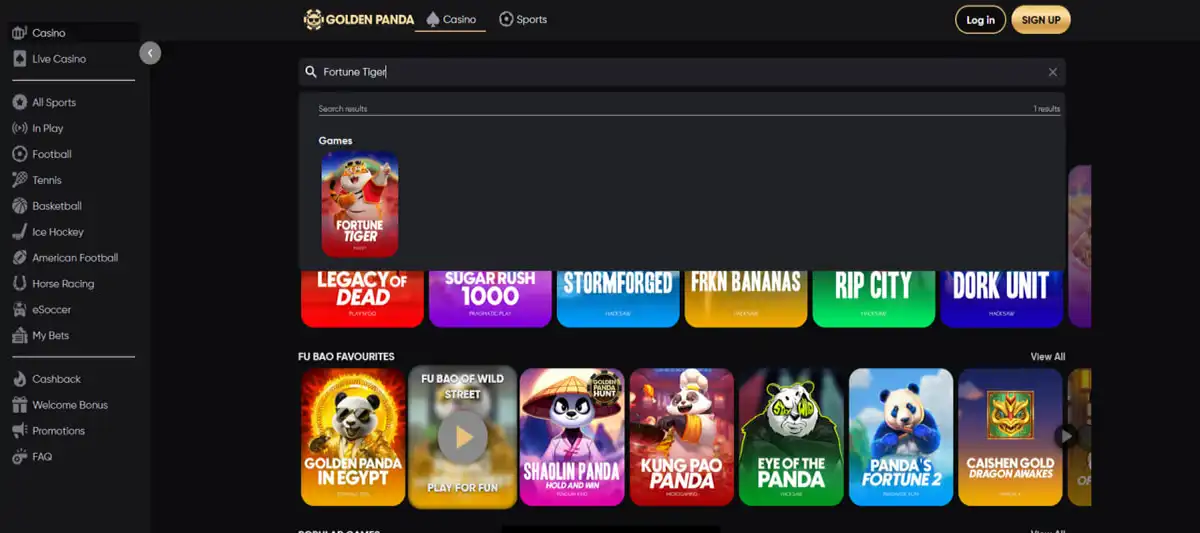 Game search results showing Fortune Tiger on the Golden Panda casino website Game search results showing Fortune Tiger on the Golden Panda casino website