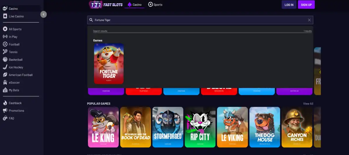 Finding Fortune Tiger using the game search on Fast Slots casino site Finding Fortune Tiger using the game search on Fast Slots casino site