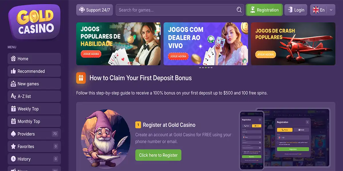 Gold Casino bonus banner offering 100% deposit match and 100 free spins