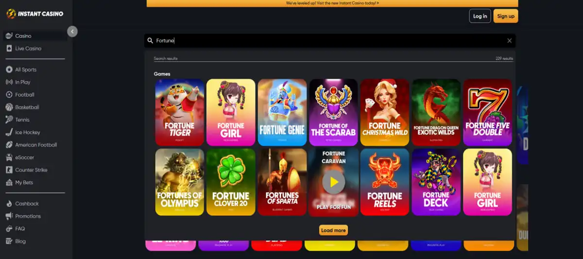 Search result showing Fortune Tiger slot on Instant casino homepage Search result showing Fortune Tiger slot on Instant casino homepage